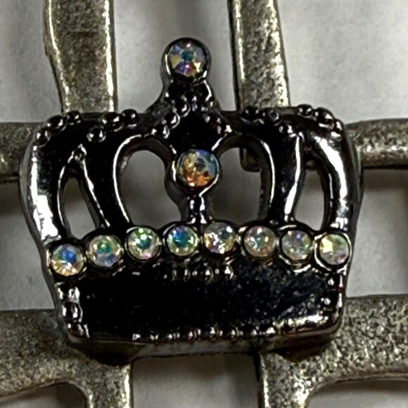 Silver Tone Metal Cross Pendant With Rhinestone Crown Embellishment for Necklace - Picture 5 of 15